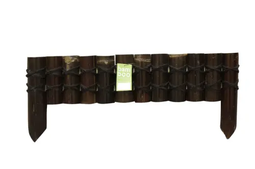 Product image of the product “Rigid bed edging made of wide (approx. 8 cm) dark brown bamboo, set in half vertically, with decorative binding, length 90 cm, height 20 cm, for spiking (ends approx. 35 cm) ”