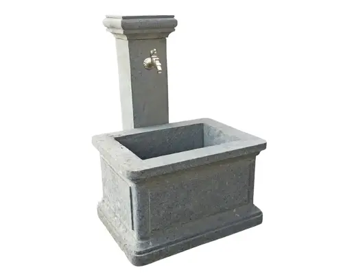 Product image of the product “Wall fountain model „Bozen“,  120 cm height, natural stone (Basanite), stonemasonry, without pump, pipes, faucet, drilling ”