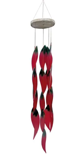 Product image of the product “Glass Wind chime „Chilis“, fire-colored | Wood & recycled Glass, 12x12x59 cm ”