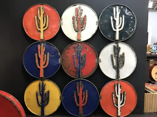 Product image of the product “3 x 3 cacti on lid of barrel  - wall hanger, 175cm width x 175cm height, object from upcyceled oil barrel. ”