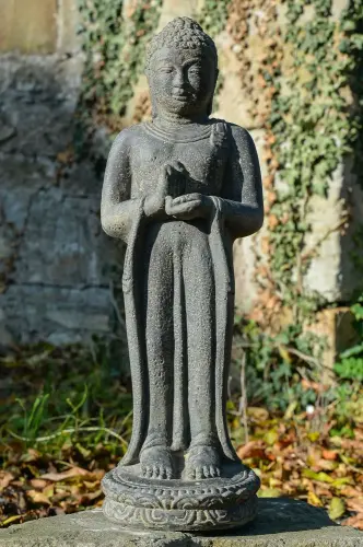 Product image of the product “Standing Buddha - India, in the sizes from 50cm to 190cm | Cast stone, handcrafted & coloured ”