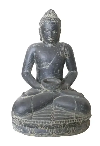 Product image of the product “Seated Buddha with bowl in his hands as water feature 37 x 24 x 51cm. Stone cast, handcrafted & coloured ”
