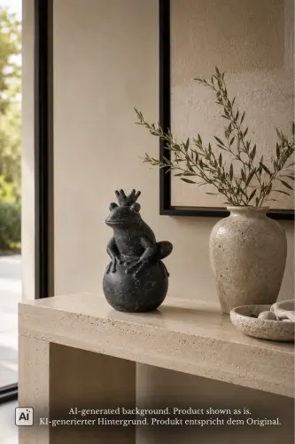 Product image of the product “Frog Prince sitting on ball, approx. 30cm height, cast stone, hollow, handcrafted & coloured ”