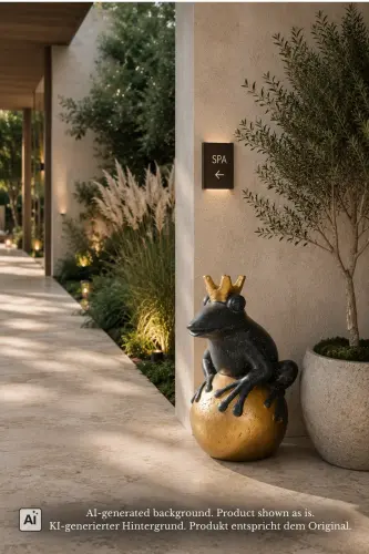 Product image of the product “Frog Prince sitting on ball, approx. 50cm height, cast stone, hollow, handcrafted & coloured ”