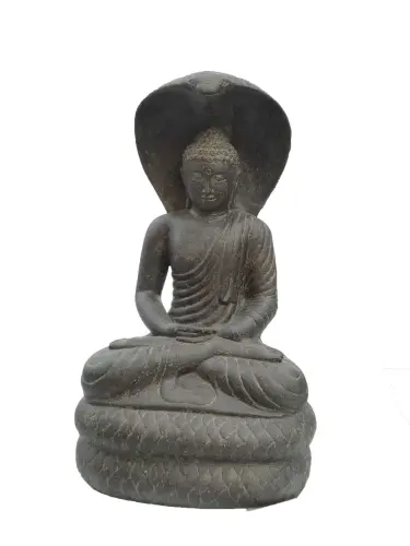 Product image of the product “Seated Buddha, protected by a cobra. 76 cm high. Cast stone, handcrafted & colored ”