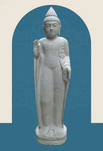 Product image of the product “Standing Buddha with floral carving, Abudaya position. 40 x 28 x 152cm. Natural stone (river stone), stonemasonry ”