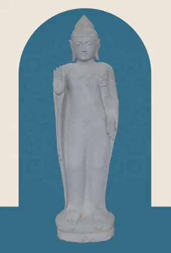 Product image of the product “Standing Buddha with floral carving, Abudaya position. 48 x 34,5 x 151,5 cm. Natural stone (river stone), stonemasonry ”