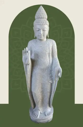 Product image of the product “Standing Buddha with floral carving, Abudaya position. 54 x 36 x 176cm. Natural stone (river stone), stonemasonry ”