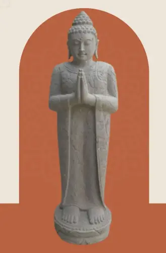 Product image of the product “Standing Buddha with floral carving, Greeting position. 40 x 29 x 120cm. Natural stone (river stone), stonemasonry ”
