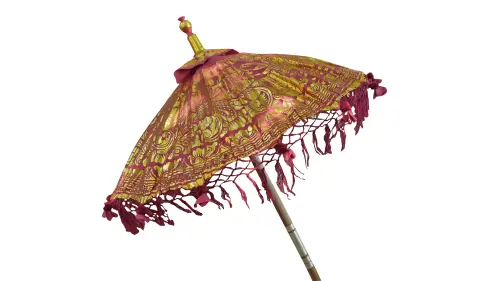 Product image of the product “Temple umbrella „Bali“, dark red with golden print, ø 95 cm | ”