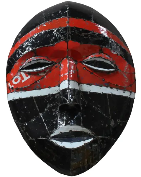 Product image 1 of the product “Large Mask  - Modell 3, original color outside. Sculpture from upcyceled oil barrel. ”