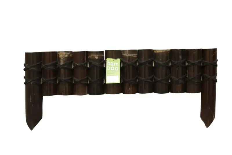 Product image 1 of the product “Rigid bed edging made of wide (approx. 8 cm) dark brown bamboo, set in half vertically, with decorative binding, length 90 cm, height 20 cm, for spiking (ends approx. 35 cm) ”