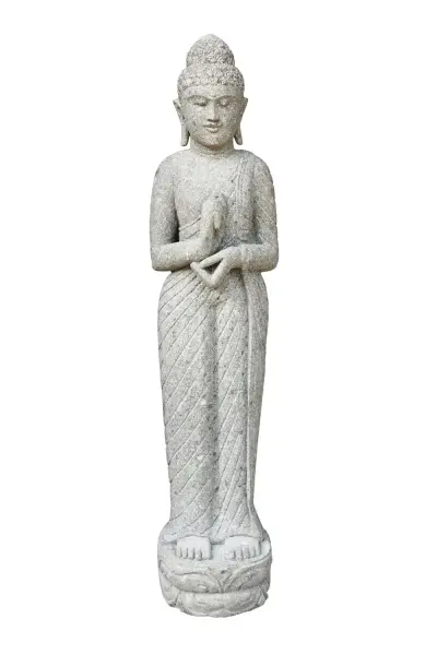 Product image 1 of the product “Standing Buddha, Indian Style - turning the wheel of knowledge, in the sizes from 60 to 200cm, natural finish ”