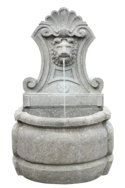 Product image 1 of the product “Wall fountain model „Venice“, 120 cm H, natural stone (Basanite), stonemasonry, without pump, pipes, drilling ”
