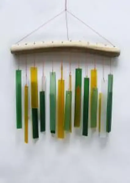 Product image 1 of the product “Glass Wind chime „Orthogon“, forest colors, 26x2x44 cm,  Driftwood & recycled Glass ”