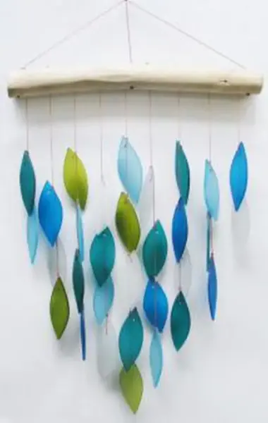 Product image 1 of the product “Glass Wind chime „Waterfall“, marine colors, Driftwood & recycled Glass, 30x5x56 cm ”