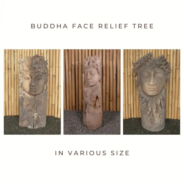 Product image 1 of the product “Buddha face, artfully carved in Banyan tree wood. In the sizes from 70 to 125cm. ”
