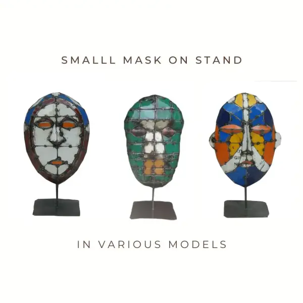 Product image 1 of the product “Small Mask on stand - 50cm height, sculpture from upcyceled oil barrel. In various models. ”