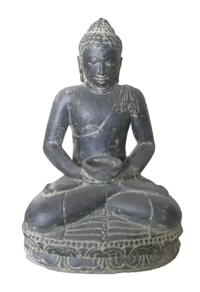 Product image 1 of the product “Seated Buddha with bowl in his hands as water feature 37 x 24 x 51cm. Stone cast, handcrafted & coloured ”