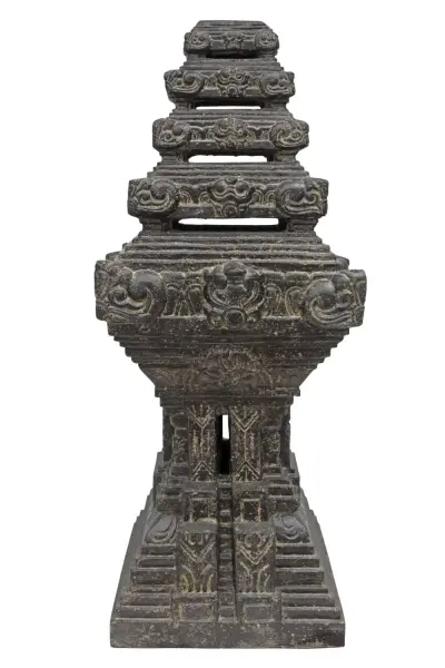 Product image 1 of the product “Java Temple, hollow cast with horizontal cuts. 40 x 40 x 100cm. Stone cast, handcrafted & coloured ”