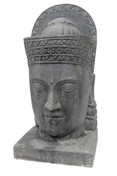 Product image 1 of the product “Khmer-Head (070cm) as water feature with different top. 46 x 36 x 85cm. Stone cast, handcrafted & coloured ”