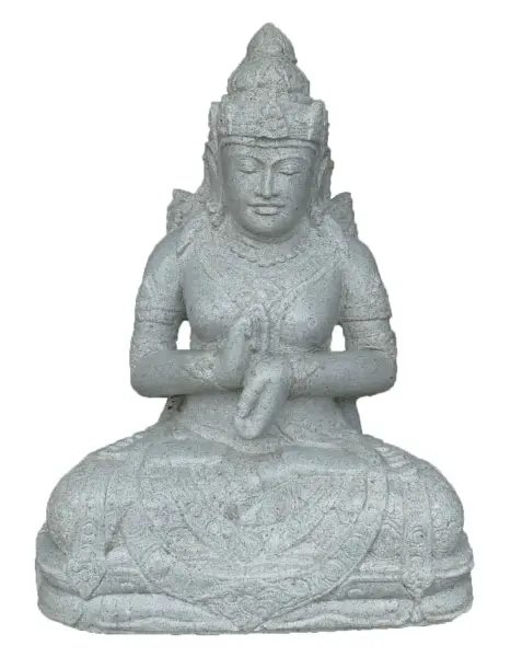 Product image 1 of the product “Seated Dewi Sri made of Riverstone in Dharmachakra gesture of wheel of the teaching of the Dharma. in the sizes from 45cm to 100cm, Natural finish ”