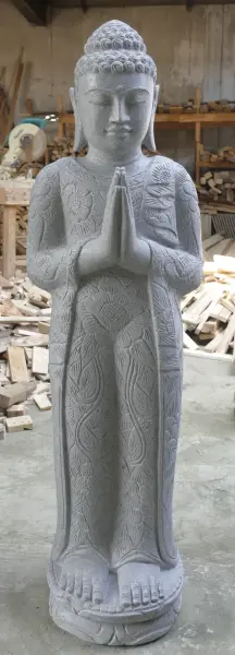Product image 1 of the product “Standing Buddha with floral carving, Greeting position. 39 x 30 x 129cm. Natural stone (river stone), stonemasonry ”