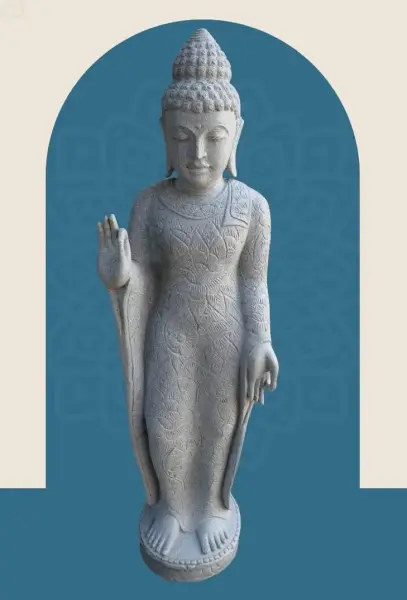 Product image 1 of the product “Standing Buddha with floral carving, Abudaya position. 40 x 31 x 154cm. Natural stone (river stone), stonemasonry ”