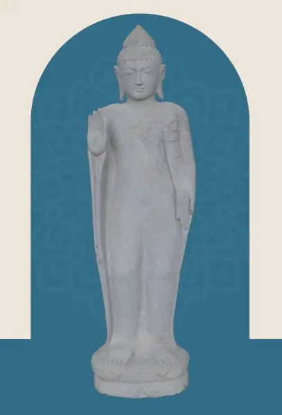 Product image 1 of the product “Standing Buddha with floral carving, Abudaya position. 48 x 34,5 x 151,5 cm. Natural stone (river stone), stonemasonry ”