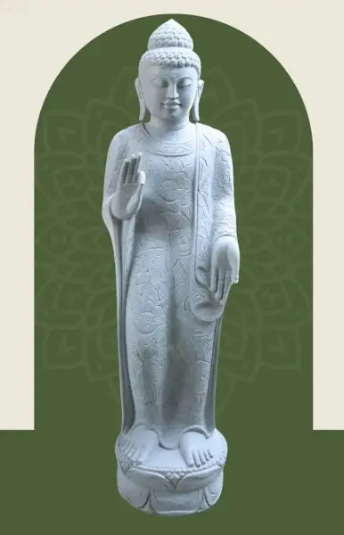 Product image 1 of the product “Standing Buddha with floral carving, Abudaya position. 51 x 33 x 175cm. Natural stone (river stone), stonemasonry ”