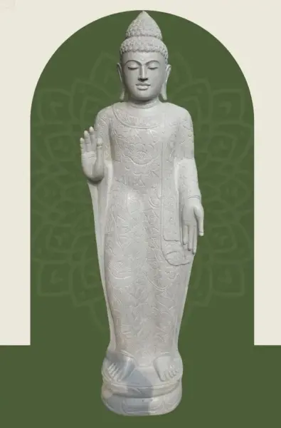 Product image 1 of the product “Standing Buddha with floral carving, Abudaya position. 50 x 32 x 178cm. Natural stone (river stone), stonemasonry ”