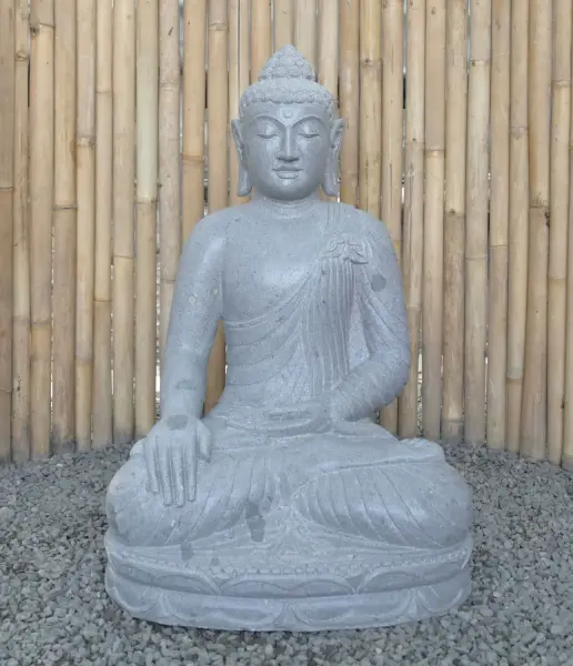 Product image 1 of the product “Seated Buddha made of Riverstone in Bhumisparsha - gesture of touching the earth. 86cm height. ”