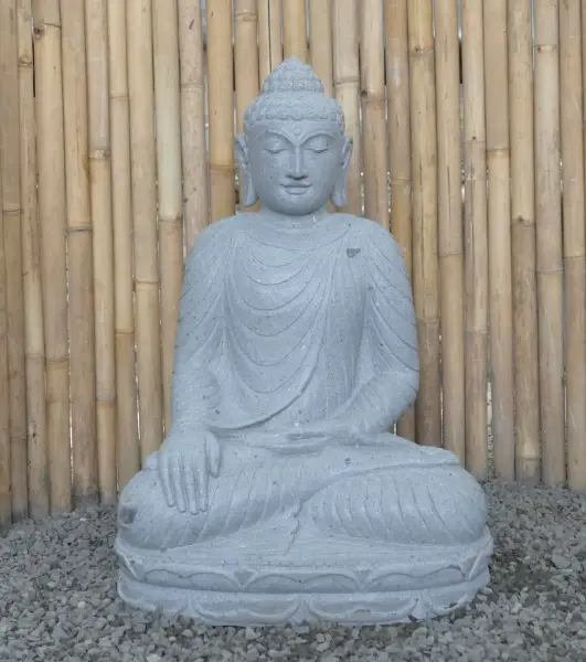 Product image 1 of the product “Seated Buddha made of Riverstone in Bhumisparsha - gesture of touching the earth. 89cm height. ”