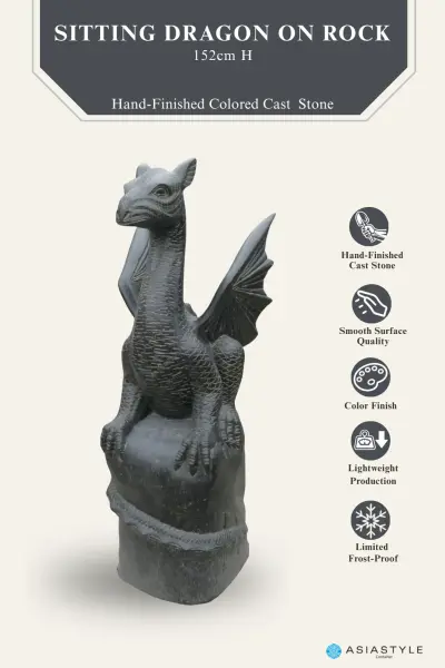 Product image of the product “Sitting dragon on a rock, approx. 152 cm high. Cast stone, handcrafted & colored ”