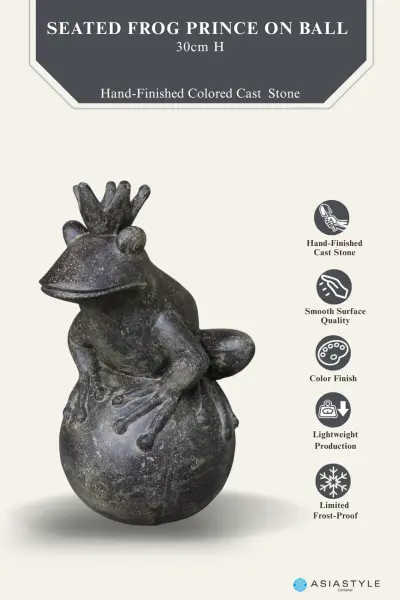 Product image of the product “Frog Prince sitting on ball, approx. 30cm height, cast stone, hollow, handcrafted & coloured ”
