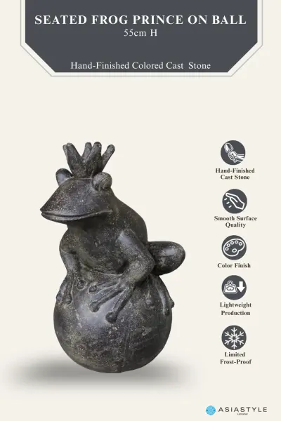 Product image 2 of the product “Frog Prince sitting on ball, approx. 55cm height, cast stone, hollow, handcrafted & coloured ”