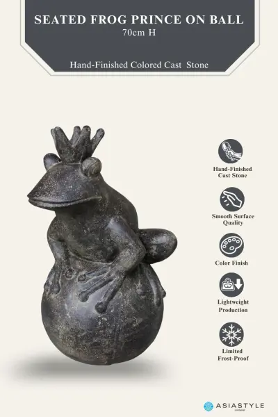 Product image of the product “Frog Prince sitting on ball, approx. 70cm height, cast stone, hollow, handcrafted & coloured ”