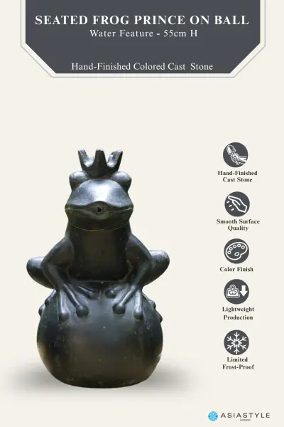 Product image 2 of the product “Frog king with crown sitting on a ball as a water feature. 55cm high. Painted in the color antique finish ”