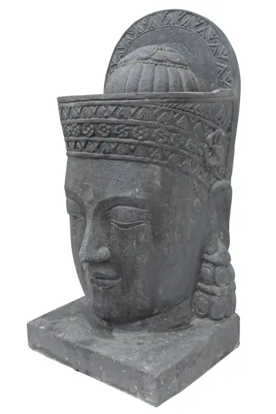 Product image 2 of the product “Khmer-Head (070cm) as water feature with different top. 46 x 36 x 85cm. Stone cast, handcrafted & coloured ”