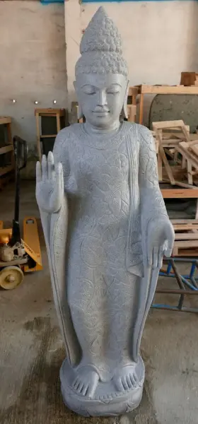 Product image 2 of the product “Standing Buddha with floral carving, Abudaya position. 54 x 36 x 176cm. Natural stone (river stone), stonemasonry ”