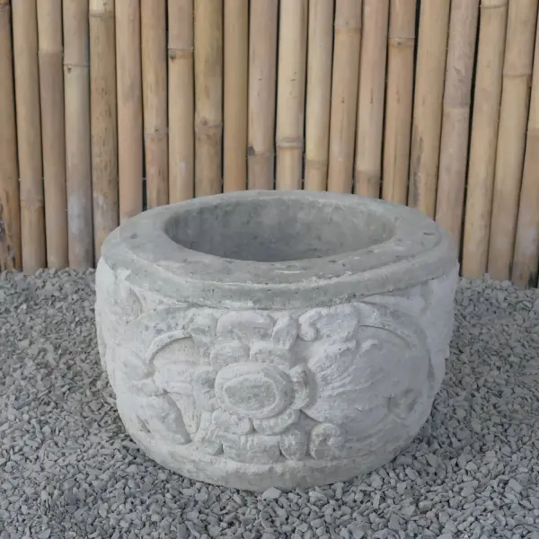 Product image 2 of the product “Balinese style flat round pot, with carving - 50cm Dia., 30 cm Height, Taro sand ”