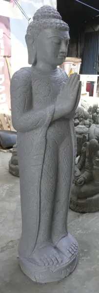 Product image 3 of the product “Standing Buddha with floral carving, Greeting position. 39 x 30 x 129cm. Natural stone (river stone), stonemasonry ”