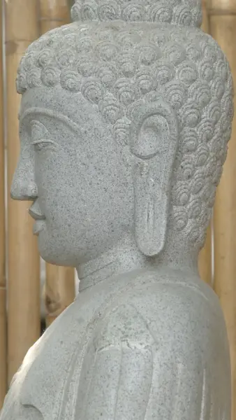 Product image 4 of the product “Standing Buddha made of Riverstone in Dharmachakra position - gesture of wheel of the teaching of Dharma. About 181cm height. ”